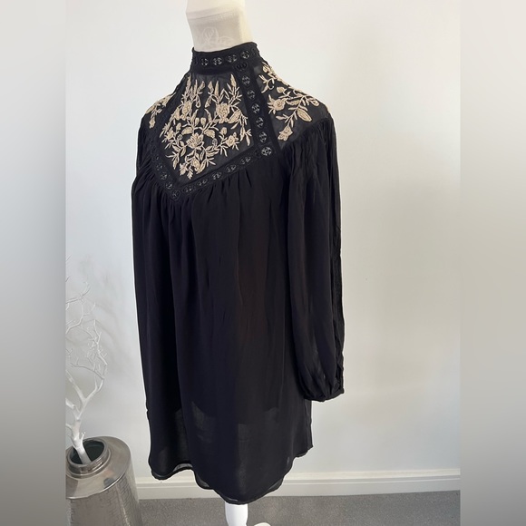 River Island black embroidered smock mini dress festival boho hippy Ibiza sz 8 - Picture 5 of 15